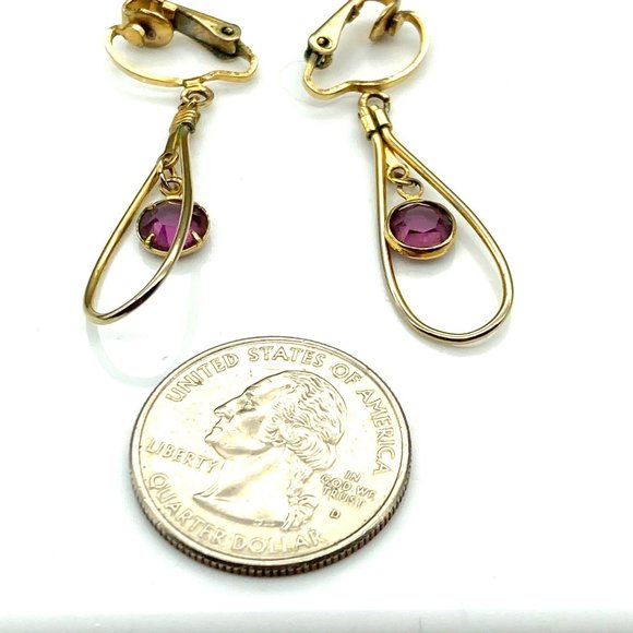 Vintage Teardrop Dangle Earrings with Purple Bezel Set Crystal Drop in Gold Tone - Picture 5 of 5